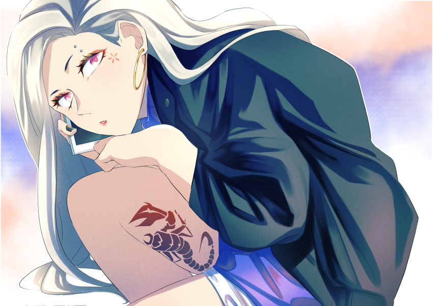 1girl absurdres earrings grey_hair hand_on_own_knee highres holding holding_phone hoop_earrings huge_filesize jacket jewelry lips long_hair original phone purple_eyes scorpion shibakura shorts sitting star_(symbol) talking_on_phone thighs