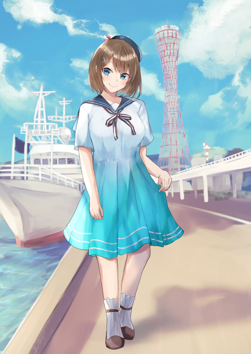 1girl absurdres beret blue_eyes blue_headwear blue_sailor_collar blue_sky brown_hair cloud commentary_request dress gradient gradient_background hair_ornament hat headgear highres kantai_collection looking_at_viewer maya_(kantai_collection) miyako_(00727aomiyako) remodel_(kantai_collection) sailor_collar sailor_dress ship short_hair sky solo tower watercraft white_dress x_hair_ornament