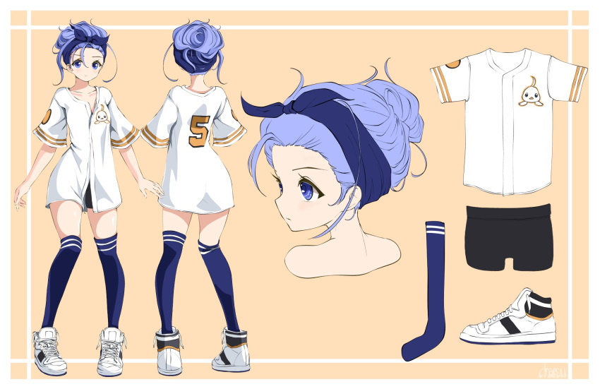 1girl antenna_hair bandana baseball_jersey bike_shorts blue_legwear chaesu character_sheet commentary english_commentary forehead full_body hair_bun highres lavender_hair messy_hair minah_(chaesu) multiple_views original over-kneehighs purple_eyes shoes sneakers solo sportswear thighhighs turnaround untied_shoes updo