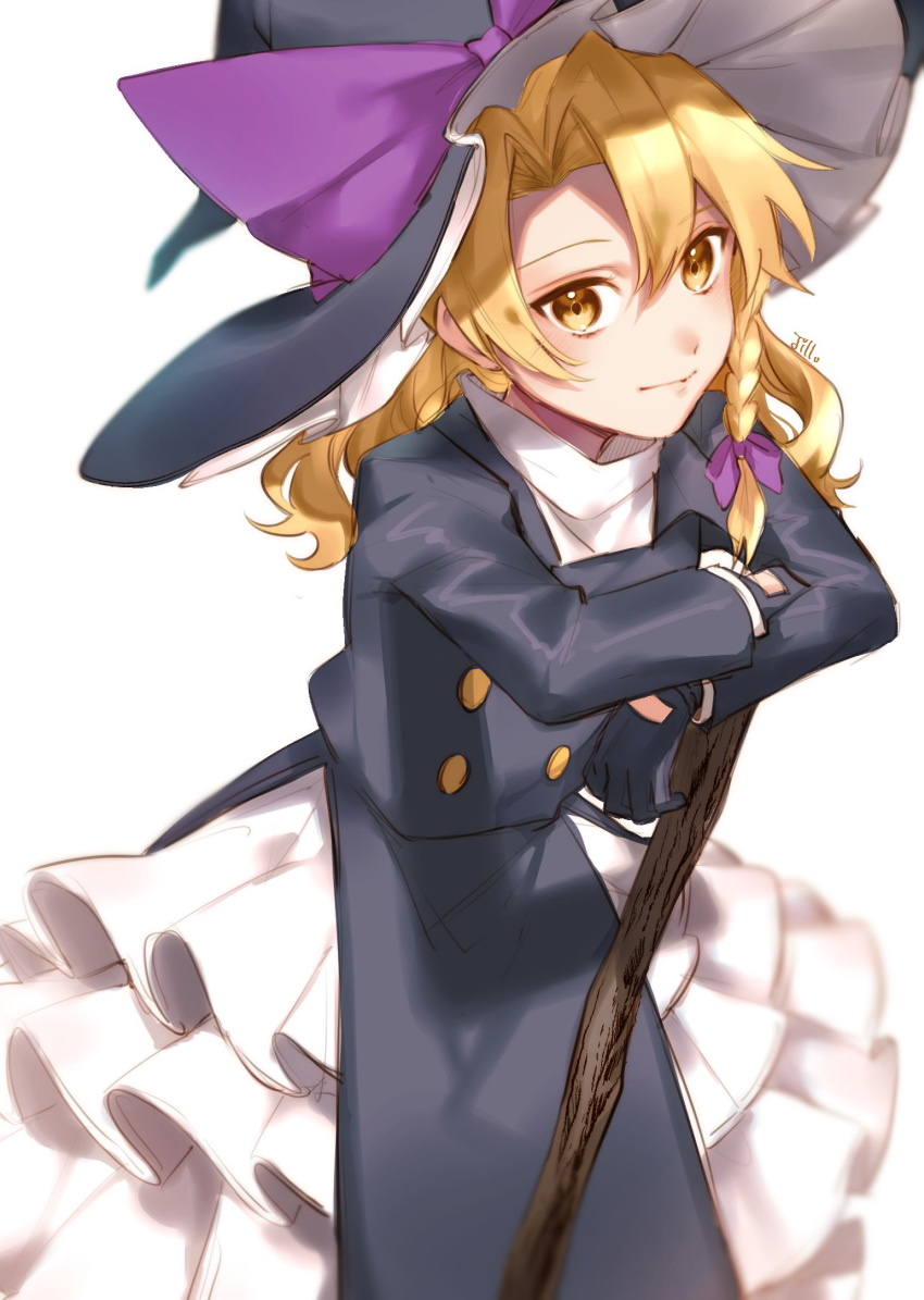 1girl adapted_costume arm_rest arm_support artist_name bangs black_dress black_gloves black_jacket blonde_hair bow braid broom buttons closed_mouth dress eyebrows_visible_through_hair frilled_dress frills from_above gloves hair_bow hat hat_bow highres jacket jill_07km kirisame_marisa layered_dress long_sleeves looking_up medium_hair parted_bangs planted purple_bow shirt side_braid sidelocks simple_background solo tabard touhou turtleneck undershirt white_background white_shirt witch_hat yellow_eyes