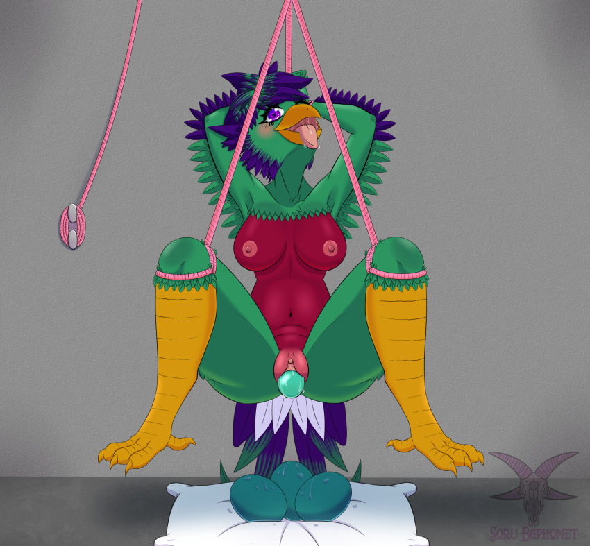 absurd_res ambiguous-fluids anthro avian bdsm bird bodily-fluids bodily_fluids bondage bound cum drooling egg female fur genital_fluids genitals girly heart-eyes hi_res inside nipples nude oviposition pussy quetzal saliva solo sorubaphomet trogonid ych_(character)