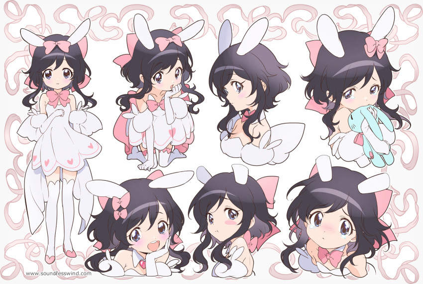 1girl :d :t all_fours animal_ears back_bow bare_shoulders black_hair blush bow bowtie bunny_ears closed_mouth commentary detached_collar dress elbow_gloves english_commentary expressions gloves hair_bow hand_on_own_chin heart kaze-hime looking_at_viewer multiple_views no_shoes object_hug open_mouth original pikkorin_bunny_(kaze-hime) pink_bow pink_footwear pink_neckwear purple_eyes shoes sidelocks sleeveless sleeveless_dress smile stuffed_animal stuffed_bunny stuffed_toy tears thighhighs watermark web_address white_dress white_gloves white_legwear