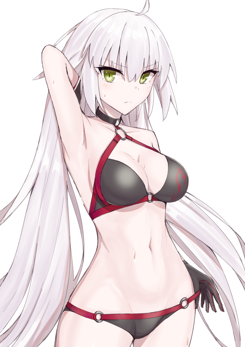 1girl ahoge armpits bikini breasts choker cleavage collarbone commentary_request cowboy_shot elfenlied22 eyebrows_visible_through_hair eyes_visible_through_hair fate/grand_order fate_(series) gloves hair_between_eyes highres jeanne_d'arc_(alter_swimsuit_berserker) jeanne_d'arc_(fate)_(all) long_hair looking_at_viewer medium_breasts midriff navel o-ring o-ring_bikini simple_background solo standing swimsuit white_background white_hair yellow_eyes