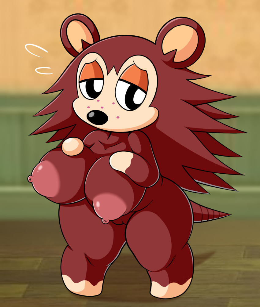 2020 absurd_res animal_crossing anthro big_breasts bodily_fluids breasts brown_body brown_fur eulipotyphlan female flying_sweatdrops fur genitals half-closed_eyes hedgehog hi_res mammal narrowed_eyes nintendo nipples nude pussy sable_able solo sweat sweatdrop team_pervy video_games