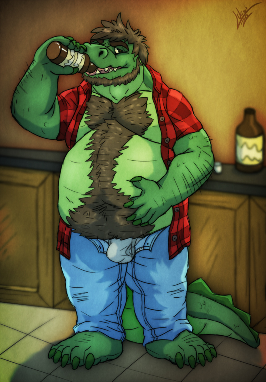 absurd_res alcohol alligator alligatorid anthro beer belly beverage crocodilian dragon drunk fuzzy hair hairy hi_res lukoi male mature_male overweight reptile scalie slightly_chubby substance_intoxication