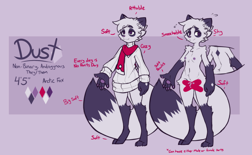 2019 ambiguous_gender anthro arctic_fox canid canine clothed clothing digitigrade dust_(mewgle) english_text fluffy fluffy_tail fox fur grey_body grey_fur hi_res mammal mewgle model_sheet purple_background purple_eyes scarf simple_background smile solo standing text topwear white_body white_fur