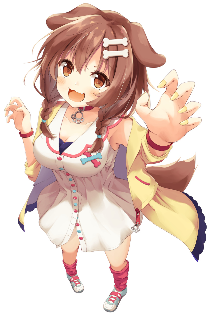 1girl :3 animal_ears bangs blush bone_hair_ornament bracelet braid breasts brown_eyes brown_hair buttons cartoon_bone choker claw_pose cleavage collar collarbone commentary_request dog_collar dog_ears dog_girl dog_tail dress eyebrows_visible_through_hair fang fingernails fingers from_above full_body hair_between_eyes hair_ornament hairclip highres hololive inugami_korone jacket jewelry long_fingernails long_hair looking_at_viewer loose_socks low_twin_braids low_twintails medium_breasts mizutan64 nail_polish raised_eyebrows red_collar red_legwear shoes short_dress simple_background smile sneakers socks solo tail twin_braids twintails virtual_youtuber w_arms white_background white_dress wristband yellow_jacket yellow_nails