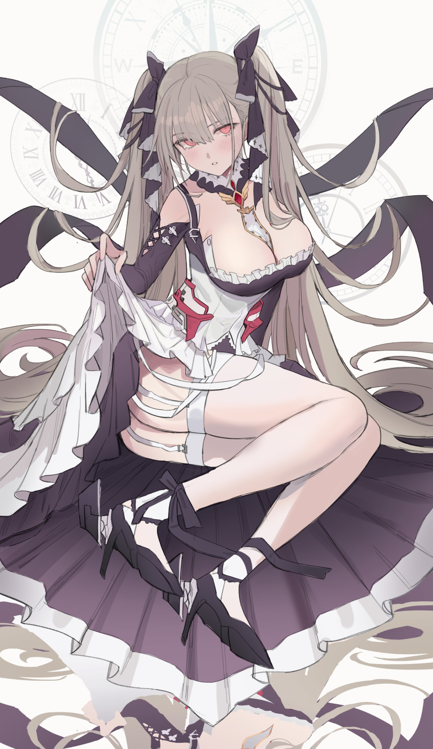 1girl absurdres azur_lane between_breasts black_footwear bow breasts cleavage dress formidable_(azur_lane) freng frilled_dress frills garter_straps grey_hair hair_bow high_heels highres large_breasts long_dress long_hair long_sleeves looking_at_viewer parted_lips red_eyes roman_numerals shoulder_cutout sitting solo thighhighs thighs twintails very_long_hair white_background white_legwear