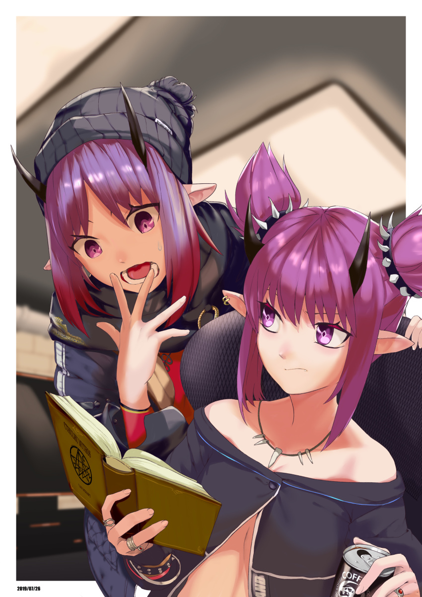 2girls :o absurdres arknights bare_shoulders black_jacket book closed_mouth ear_piercing evilbearxu hairband hibiscus_(arknights) highres holding holding_book horns jacket jewelry lava_(arknights) long_sleeves multiple_girls open_clothes open_jacket open_mouth piercing pointy_ears purple_eyes purple_hair shirt siblings sidelocks sisters spiked_hairband spikes twins