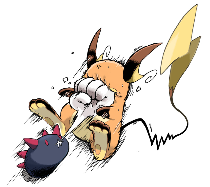 ambiguous_gender attack battle black_body bodily_fluids brown_body duo feral fingers hi_res long_tail mammal multicolored_body nintendo orange_body pain pawpads pok&eacute;mon pok&eacute;mon_(species) punch pyukumuku raichu rodent simple_background size_difference spikes sweat tan_body toes video_games white_background yellow_inner_ear