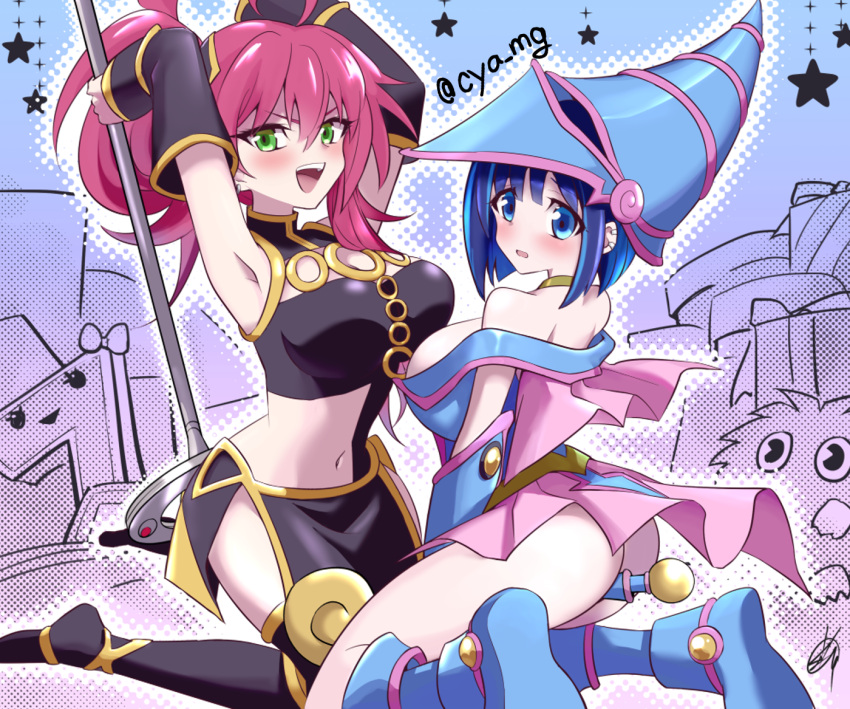 2girls ahoge armpits arms_up bare_shoulders blue_eyes blue_footwear blue_hair breasts chaya_mago choker cosplay dark_magician_girl dark_magician_girl_(cosplay) detached_sleeves duel_monster green_eyes hat ki-sikil_(yu-gi-oh!) kuriboh large_breasts lil-la_(yu-gi-oh!) multiple_girls open_mouth pink_hair ponytail sevens_road_witch sevens_road_witch_(cosplay) short_hair sleeveless staff thighhighs witch_hat yu-gi-oh! yu-gi-oh!_duel_monsters yu-gi-oh!_sevens