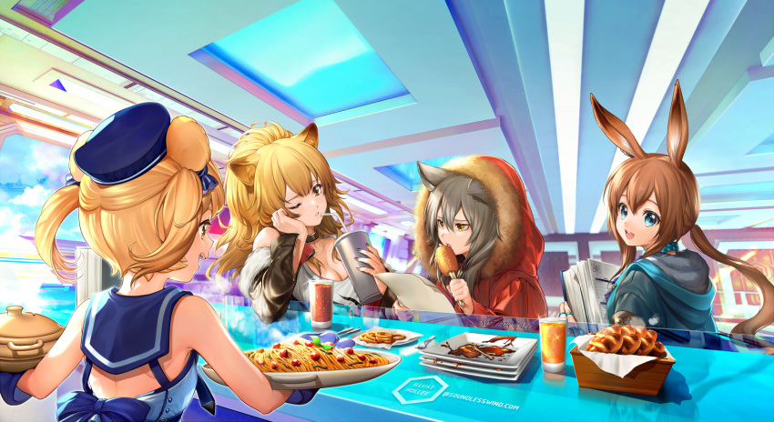 4girls :d amiya_(arknights) animal_ears arknights artist_name bare_arms bendy_straw black_collar black_jacket black_nails blonde_hair blue_collar blue_eyes blue_headwear blue_sailor_collar book bread breasts brown_hair bunny_ears coat collar commentary counter cup drinking_glass drinking_straw eating elbow_rest english_commentary fingernails food fur-trimmed_hood fur_trim gummy_(arknights) hand_on_own_cheek highres holding holding_book holding_cup holding_paper holding_plate hood hood_down hood_up indoors jacket juice kaze-hime large_breasts long_hair long_sleeves looking_back medium_hair multiple_girls one_eye_closed open_clothes open_jacket open_mouth paper pasta plate projekt_red_(arknights) red_coat sailor_collar siege_(arknights) smile studded_collar twintails watermark web_address yellow_eyes