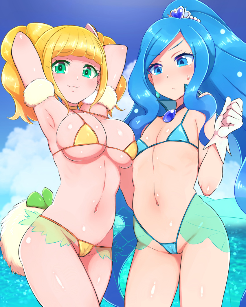 2girls :3 alternate_breast_size armpits arms_behind_head asymmetrical_docking bangs beads bikini blonde_hair blue_bikini blue_eyes blue_hair blunt_bangs blush breast_conscious breast_press breasts cameltoe choker cure_fontaine cure_sparkle day earrings eyebrows_visible_through_hair flat_chest gloves green_eyes hair_ornament healin'_good_precure heart high_ponytail highres hiramitsu_hinata jewelry konboi-eg large_breasts long_hair micro_bikini multiple_girls navel ocean outdoors pom_pom_(clothes) pom_pom_earrings ponytail precure sawaizumi_chiyu see-through skindentation smug stomach sweatdrop swimsuit twintails very_long_hair white_gloves yellow_bikini yellow_choker