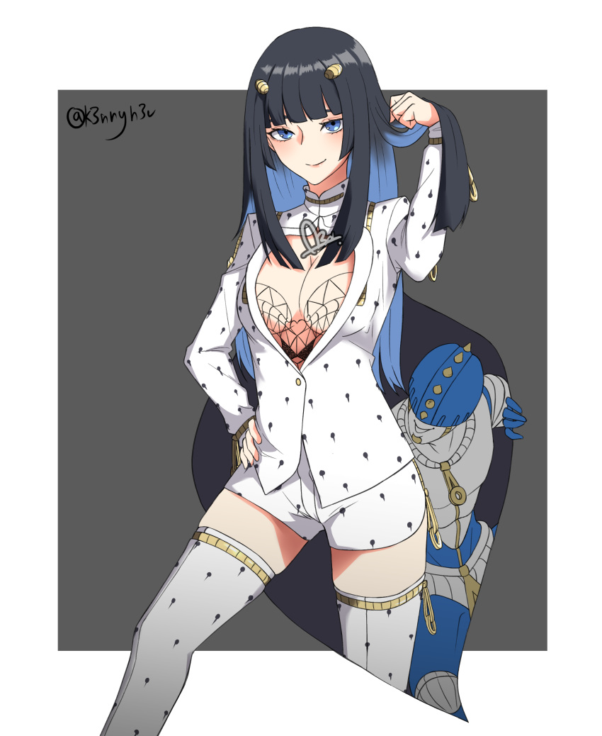 1girl absurdres artist_name black_hair blue_eyes blue_hair breasts bruno_buccellati cleavage genderswap genderswap_(mtf) grey_background hair_ornament hand_on_hip highres jojo_no_kimyou_na_bouken k3nnyn3v long_hair long_sleeves looking_at_viewer multicolored_hair short_shorts shorts smile sticky_fingers_(stand) thighhighs two-tone_hair watermark white_legwear zipper