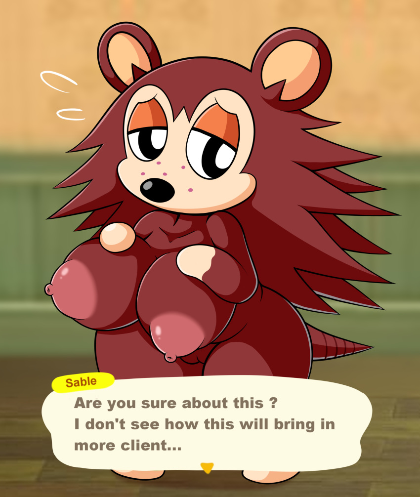 2020 absurd_res animal_crossing anthro big_breasts bodily_fluids breasts brown_body brown_fur english_text eulipotyphlan female flying_sweatdrops fur genitals half-closed_eyes hedgehog hi_res mammal narrowed_eyes nintendo nipples nude pussy sable_able solo sweat sweatdrop team_pervy text video_games