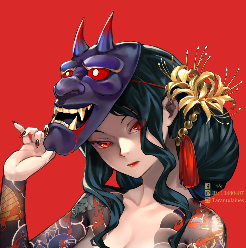 1girl adjusting_mask androgynous arm_tattoo artist_name bare_shoulders black_hair black_nails breasts cleavage collarbone face facebook_logo fingernails flower gender_request hair_behind_ear hair_flower hair_ornament half_updo hand_up highres kibutsuji_muzan kimetsu_no_yaiba lips long_hair looking_at_viewer makeup mask mask_on_head mask_removed nail_polish nude oni_mask pixiv_id pixiv_logo portrait red_background red_eyes red_nails shoulder_tattoo sidelocks simple_background slit_pupils solo tarantulaines tattoo upper_body