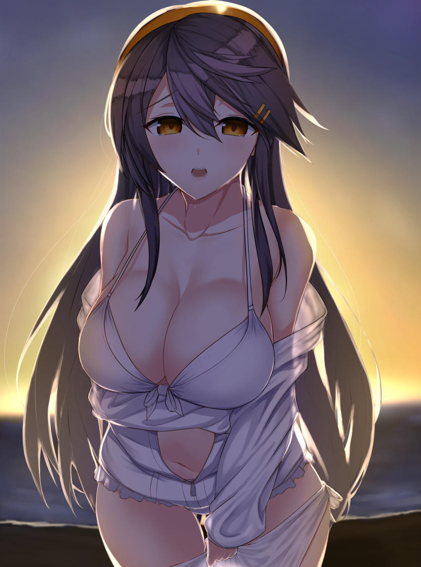 1girl :o arm_under_breasts backlighting bangs bare_shoulders bikini bikini_under_clothes black_hair blurry blurry_background breasts brown_eyes carmine_(ucdio) cleavage collarbone commentary_request cowboy_shot depth_of_field evening gradient_sky hair_between_eyes hair_ornament hairclip haruna_(kantai_collection) highres jacket kantai_collection large_breasts long_hair long_sleeves looking_at_viewer navel ocean open_clothes open_jacket open_mouth partially_unzipped sky solo sunlight sunset swimsuit thigh_gap very_long_hair white_bikini white_jacket