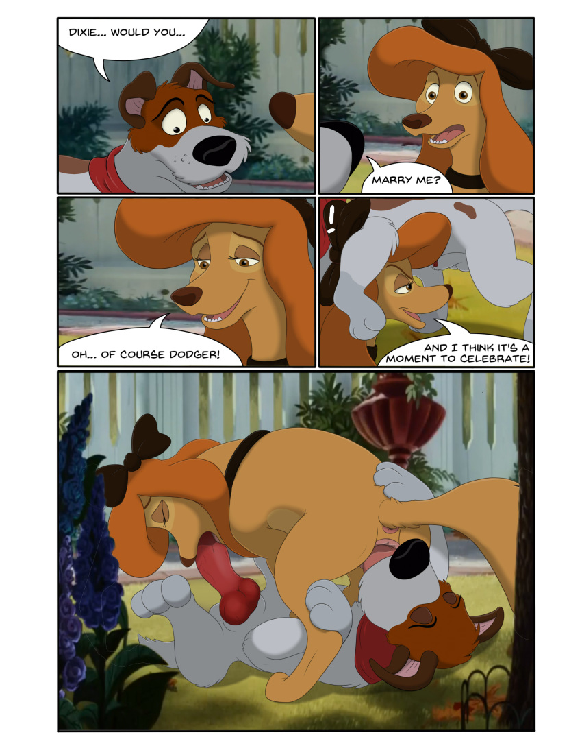69_position absurd_res balls border canid canine canis comic dialogue disney dixie dodger_(disney) dogina domestic_dog engagement english_text female feral fox_and_the_hound genitals hi_res hunting_dog male male/female mammal mcfan oliver_and_company oral oral_penetration penetration penis sex terrier text vaginal white_border