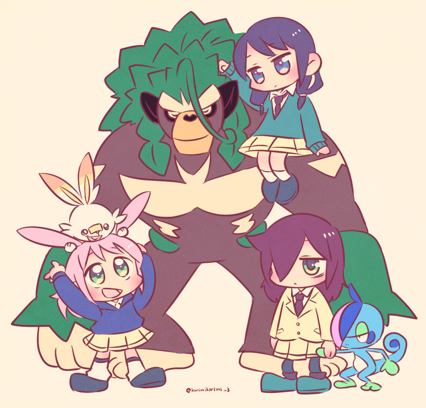 3girls :d arm_up arms_up black_footwear black_hair black_neckwear blazer blue_cardigan blue_eyes blush brown_background bunny cardigan chibi closed_eyes closed_mouth collared_shirt commentary_request creature crossover drizzile full_body gen_8_pokemon green_cardigan green_eyes green_footwear hair_over_one_eye hairstyle_connection highres holding_hands jacket karimikarimi kuroki_tomoko long_hair looking_at_another looking_down looking_up multiple_girls necktie nemoto_hina on_head on_shoulder open_mouth pink_hair playing_with_another's_hair pleated_skirt pokemon pokemon_(creature) pokemon_on_head rillaboom school_uniform scorbunny shirt shoes simple_background sitting_on_animal skirt smile socks standing starter_pokemon tamura_yuri trait_connection twitter_username watashi_ga_motenai_no_wa_dou_kangaetemo_omaera_ga_warui! white_legwear white_shirt yellow_jacket yellow_skirt