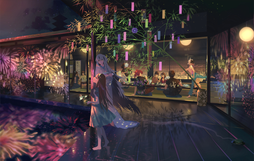 5girls 6+boys ahoge akechi_mitsuhide_(fate/grand_order) alcohol alternate_costume architecture bamboo barefoot beer beer_bottle black_hair black_shirt blue_dress blue_kimono brown_hair casual chacha_(fate/grand_order) closed_eyes commentary_request contemporary cup denim dress drinking drunk east_asian_architecture evening fan fate_(series) fireworks flower folding_fan hairband half_updo hanging_scroll highres hijikata_toshizou_(fate/grand_order) hime_cut holding holding_fan holding_flower japanese_clothes jeans kimono lantern long_hair long_table looking_at_another mori_nagayoshi_(fate) mosquito_coil mug multicolored_hair multiple_boys multiple_girls nagao_kagetora_(fate) night night_sky oda_nobukatsu_(fate/grand_order) oda_nobunaga_(fate) oda_nobunaga_(fate)_(all) okada_izou_(fate) okita_souji_(fate) okita_souji_(fate)_(all) open_mouth oryou_(fate) pagoda pants paper_fan party pink_shirt platinum_blonde_hair pond ponytail red_hair sakamoto_ryouma_(fate) scroll shirt short_hair sitting sky sliding_doors smile star_(sky) starry_sky straight_hair t-shirt table tanabata tank_top tatami throwing topknot toyotomi_hideyoshi_(koha-ace) two-tone_hair veranda warabi_tama white_hair wooden_floor