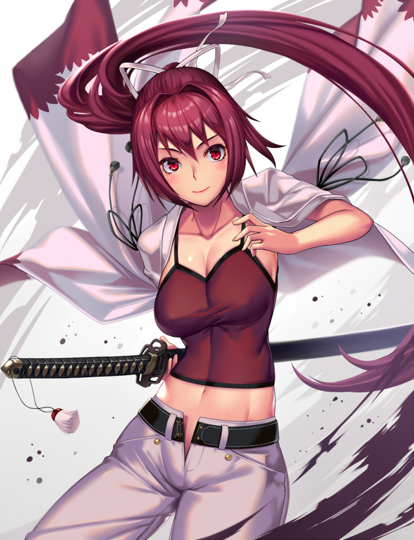 1girl bangs breasts camisole cleavage collarbone hair_intakes hair_ribbon highres katana large_breasts long_hair midriff navel pants ponytail purple_hair red_camisole red_eyes ribbon smile solo sword takanashi-a under_night_in-birth very_long_hair weapon yuzuriha_(under_night_in-birth)