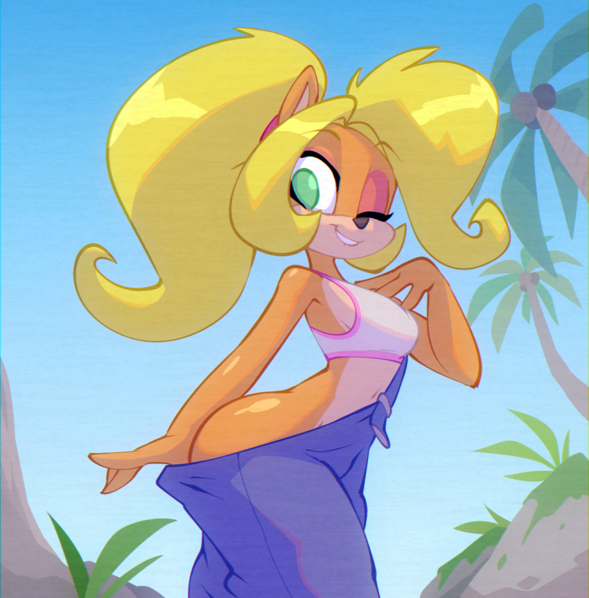 activision anthro bandicoot big_butt bigdad bite biting_lip blonde_hair butt clothed clothing coco_bandicoot crash_bandicoot_(series) evergreen_tree female hair looking_at_viewer mammal marsupial one_eye_closed outside overalls palm_tree ponytail pulling_pants_down solo tree video_games wink