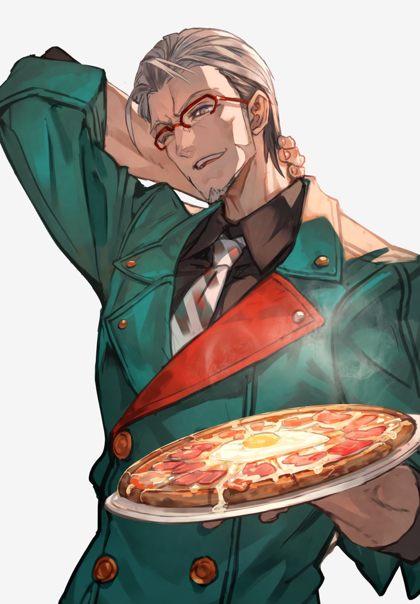 1boy absurdres arurandis black_footwear dark_skin dark_skinned_male facial_hair food glasses green_jacket hand_behind_head hand_in_pocket highres holding holding_dish holding_food holding_pizza holostars jacket lack looking_at_viewer male_focus necktie one_eye_closed open_mouth pizza short_hair simple_background smile solo standing upper_body virtual_youtuber white_hair