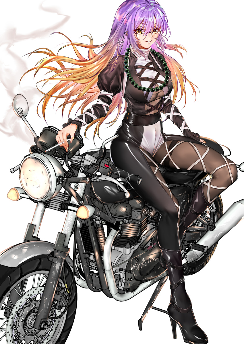 1girl absurdres adapted_costume alternate_costume arisu_(wangyunqiu) bead_necklace beads bespectacled between_fingers biker_clothes bikesuit black_bodysuit black_clothes black_footwear blonde_hair bodysuit boot_straps boots breasts broken brown_hair cigarette cross-laced_clothes eyebrows_visible_through_hair full_body glasses gradient_hair grin ground_vehicle high_heel_boots high_heels highres hijiri_byakuren jewelry juliet_sleeves knee_boots large_breasts long_hair long_sleeves looking_at_viewer motor_vehicle motorcycle multicolored multicolored_bodysuit multicolored_clothes multicolored_hair necklace parted_lips prayer_beads puffy_sleeves purple_hair red-framed_eyewear reflective_eyes sheer_bodysuit shiny shiny_clothes shiny_hair shiny_skin side_mirror sidelocks simple_background sitting sitting_on_object smile smoke smoking solo thighs touhou turtleneck white_background white_bodysuit wind yellow_eyes