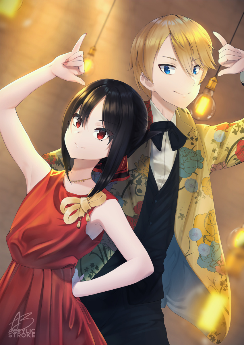 1boy 1girl absurdres acrylicstroke arm_up artist_name black_hair black_pants black_vest blonde_hair blue_eyes bow bowtie commentary dress eyebrows_visible_through_hair floral_print folded_ponytail formal hair_between_eyes hair_ribbon highres kaguya-sama_wa_kokurasetai_~tensai-tachi_no_renai_zunousen~ lamp looking_at_viewer pants red_dress red_eyes ribbon shaka_sign shinomiya_kaguya shirogane_miyuki shirt short_hair smile suit vest white_shirt