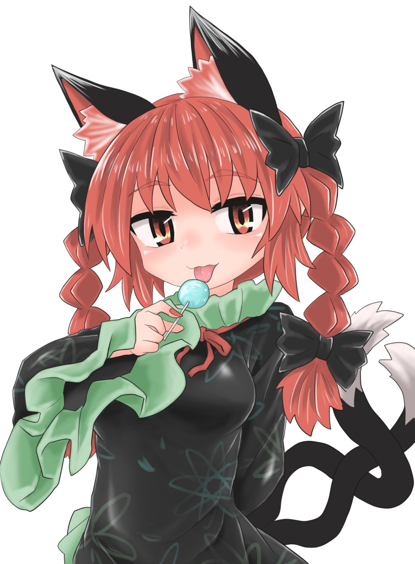 1girl animal_ears arms_behind_back bangs black_bow black_dress black_tail bow braid breasts candy cat_ears cat_tail chups dress extra_ears eyebrows_visible_through_hair food frilled_dress frilled_sleeves frills green_frills hair_bow highres holding holding_candy holding_food holding_lollipop kaenbyou_rin lollipop long_sleeves looking_at_viewer multiple_tails nekomata red_eyes red_hair red_nails red_neckwear short_hair simple_background solo tail tongue tongue_out touhou twin_braids two_tails upper_body white_background