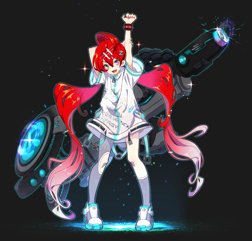 1girl arm_behind_head arm_up asymmetrical_legwear dive_to_zone full_body gradient_hair grey_legwear hair_between_eyes jacket letter_hair_ornament long_hair looking_at_viewer multicolored_hair open_mouth personification pink_eyes power_symbol red_hair shoes short_sleeves sneakers solo standing studded_bracelet twintails v-shaped_eyebrows very_long_hair weapon white_jacket yoruhachi