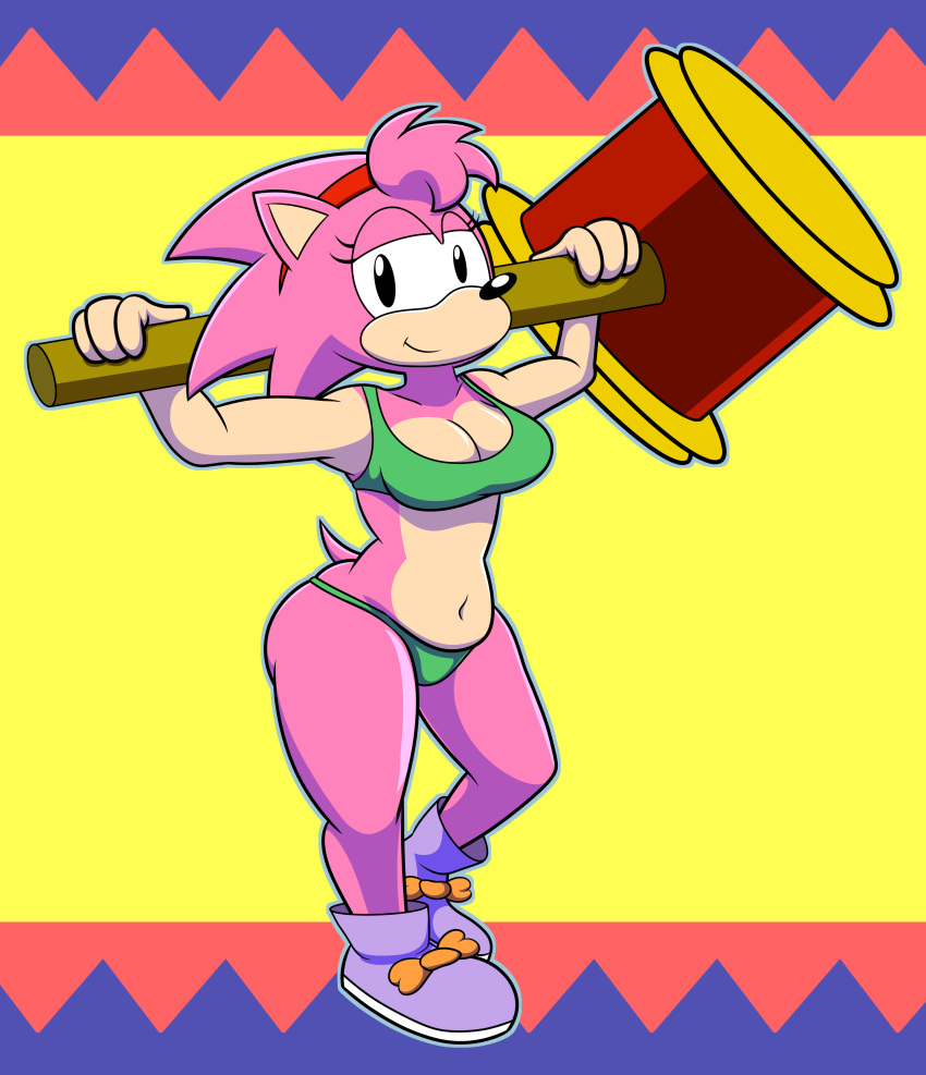 2020 absurd_res amy_rose anthro bikini biped black_eyes breasts classic_amy_rose classic_sonic_(universe) clothing digital_media_(artwork) eulipotyphlan female footwear green_bikini green_clothing green_swimwear hedgehog hi_res holding_object holding_weapon mammal marcodile piko_piko_hammer pink_body sega shoes simple_background smile solo sonic_the_hedgehog_(series) standing swimwear tan_body tan_skin video_games weapon