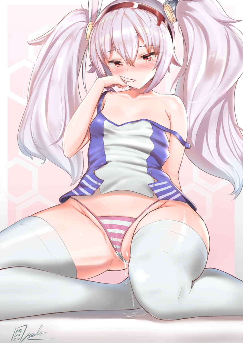 1girl absurdres animal_ears azur_lane blue_camisole blush breasts bunny_ears camisole commentary eyebrows_visible_through_hair fake_animal_ears finger_to_mouth g-string groin hair_between_eyes hairband half-closed_eyes headpiece highleg highleg_panties highres kneeling laffey_(azur_lane) long_hair looking_at_viewer padoruu panties partially_visible_vulva pink_background pink_panties pussy_juice red_eyes signature silver_hair simple_background small_breasts solo strap_slip striped striped_panties thick_thighs thighhighs thighs thong twintails underwear white_legwear