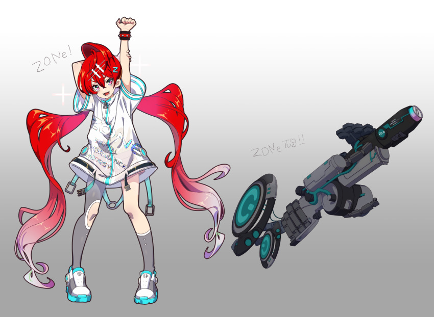 1girl arm_behind_head arm_up asymmetrical_legwear dive_to_zone full_body gradient gradient_background gradient_hair grey_legwear hair_between_eyes jacket letter_hair_ornament long_hair looking_at_viewer multicolored_hair open_mouth personification pink_eyes power_symbol red_hair shoes short_sleeves sneakers solo standing studded_bracelet twintails v-shaped_eyebrows very_long_hair weapon white_jacket yoruhachi