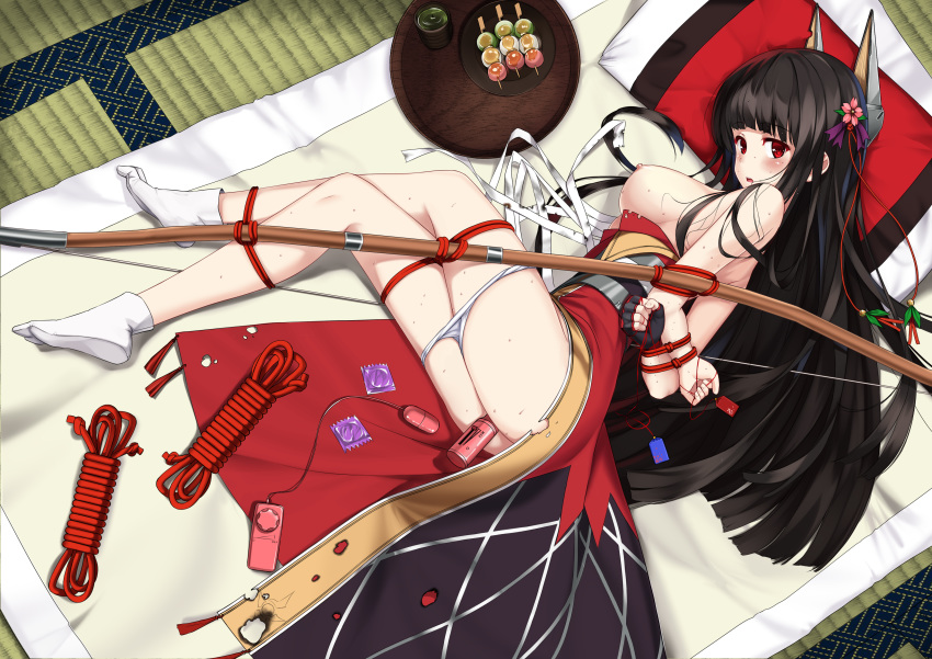 akagi_(zhanjian_shaonu) animal_ears anthropomorphism bondage bow_(weapon) condom japanese_clothes long_hair mr_blackcat nipples vibrator weapon zhanjian_shaonu