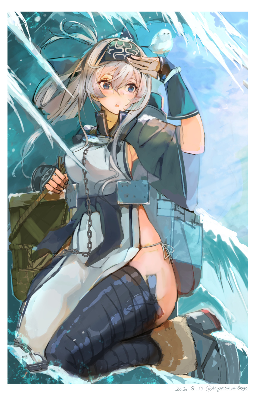 1girl ainu_clothes bangs basket bird blue_eyes border breasts chain cropped_jacket dated day folded_ponytail hair_between_eyes headband highres holding kamoi_(kantai_collection) kantai_collection leg_wrap nagasawa_tougo open_mouth outdoors panties pelvic_curtain ponytail rigging side-tie_panties sky solo twitter_username underwear waving white_hair white_panties wrist_guards