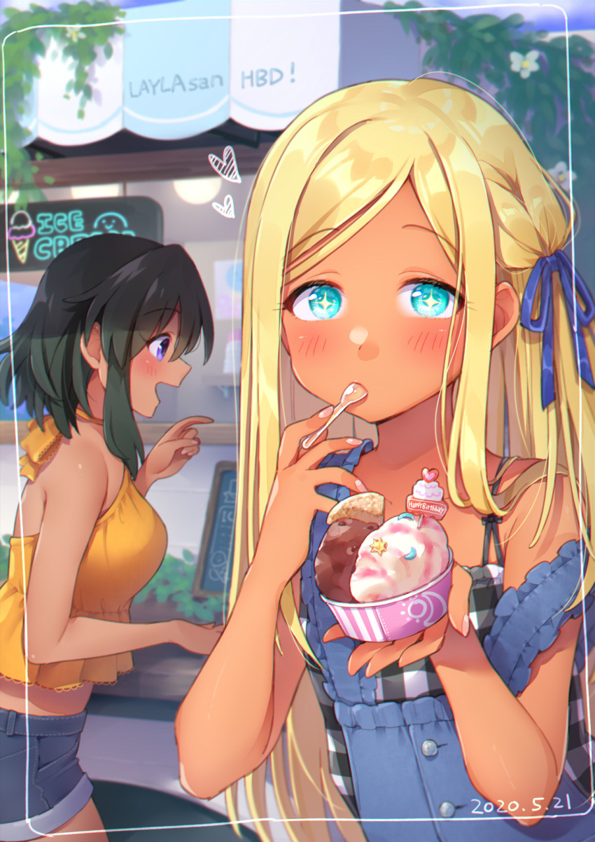 2girls black_hair blonde_hair blue_dress blue_eyes blue_ribbon blue_shorts blush breasts character_request checkered checkered_shirt commentary_request dark_skin dress eating food hair_ribbon highres ice_cream idolmaster idolmaster_cinderella_girls large_breasts long_hair looking_at_viewer midriff multiple_girls natalia_(idolmaster) orange_shirt overalls purple_eyes ribbon shirt short_hair shorts sleeveless sleeveless_dress sleeveless_shirt sparkling_eyes spoon_in_mouth trente