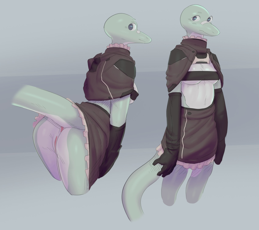 2020 anthro anus bent_over bottomwear breasts butt clothed clothing female genitals green_body hi_res lizard looking_at_viewer looking_back maxmushroom no_underwear non-mammal_breasts pussy reptile scalie simple_background skirt solo standing upskirt