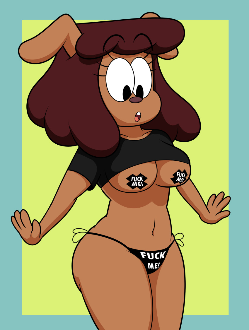 absurd_res anthro canid canine canis carla_(ok_k.o.!_lbh) cartoon_network domestic_dog english_text female hi_res mammal marcodile ok_k.o.!_let's_be_heroes pasties profanity skimpy_dress solo text