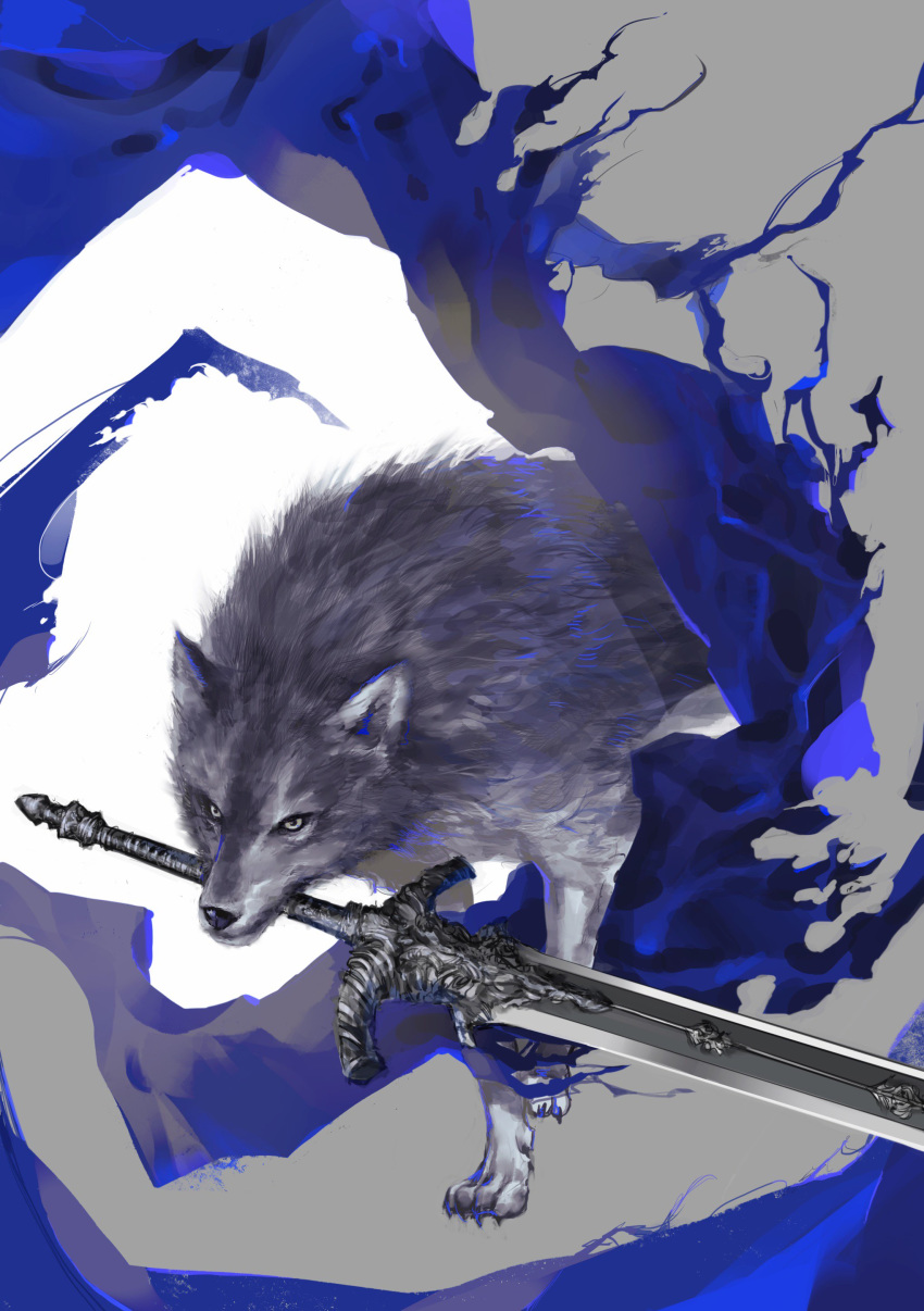 absurdres animal black_eyes cloth dark_souls great_grey_wolf_sif greatsword grey_background highres holding holding_sword holding_weapon looking_at_viewer mouth_hold nira_box no_humans solo souls_(from_software) sword two-tone_background walking weapon white_background wolf