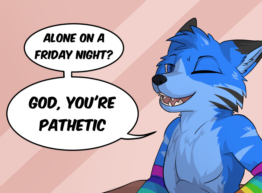 2020 alone_on_a_friday_night_(meme) anthro arm_warmers armwear biped black_body black_fur blue_body blue_eyes blue_fur blue_hair canid canine canis clothing cropped cute_clothing dex_blueberry dialogue digital_media_(artwork) edit english_text fox fur hair hi_res hybrid looking_at_viewer male mammal martinballamore meme one_eye_closed open_mouth open_smile shaded shopped simple_background smile solo speech_bubble stripes talking_to_viewer text wink wolf