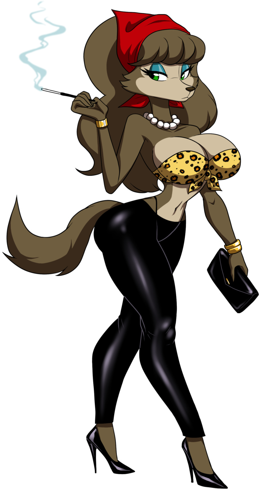 absurd_res alpha_channel anthro big_breasts breasts canid canine canis cleavage clothed clothing crovirus female footwear hi_res high_heels jewelry mammal necklace shoes smoking solo wide_hips wolf