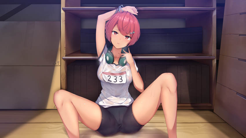 1girl arm_up bike_shorts blush breasts cameltoe collarbone come_hither eyebrows_visible_through_hair gym_storeroom hair_between_eyes hair_ornament hairclip headphones headphones_around_neck highres indoors large_breasts looking_at_viewer original parted_lips red_eyes red_hair scallion15 see-through shirt shorts solo spread_legs track_suit vaulting_horse wet wet_clothes wet_shirt