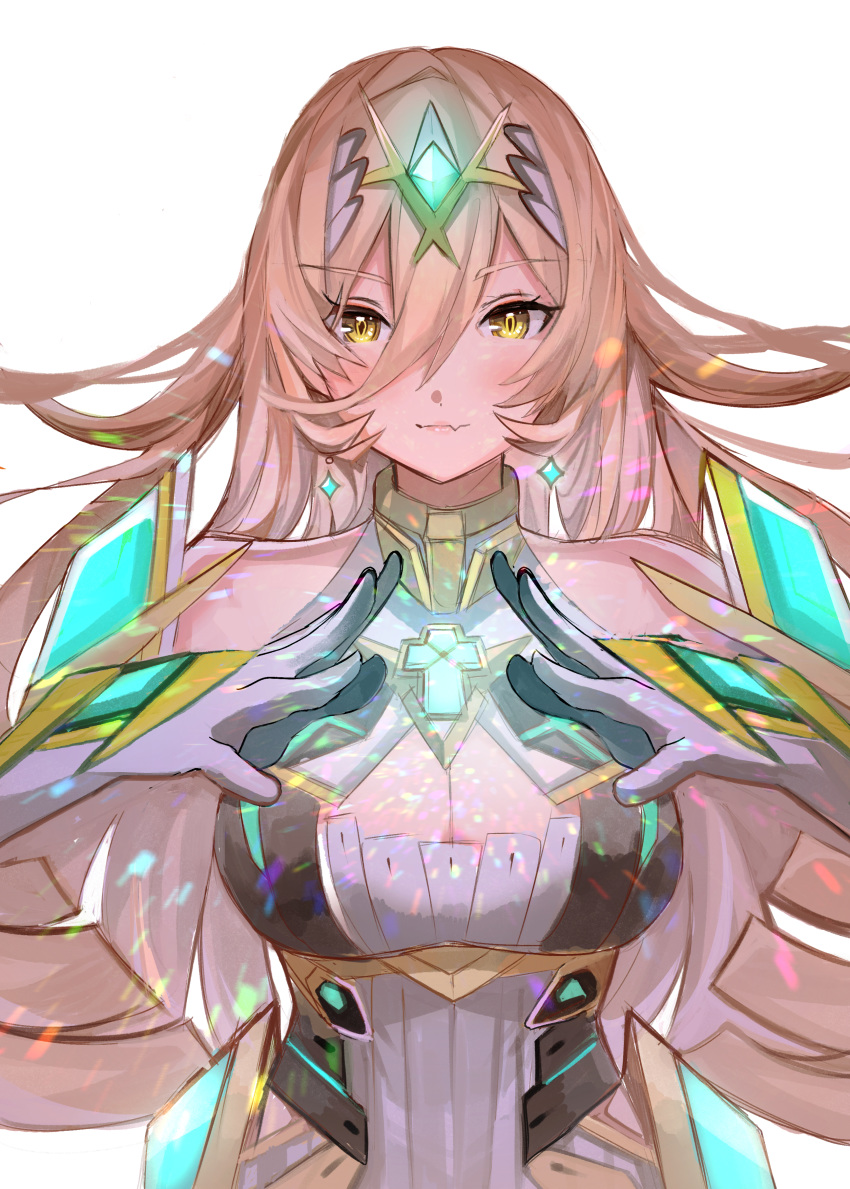 1girl absurdres bangs bare_shoulders breasts cleavage cleavage_cutout commentary_request cosplay dress eyebrows_visible_through_hair fang fang_out gloves glowing hair_between_eyes hands_up headpiece highres hikari_(xenoblade_2) hikari_(xenoblade_2)_(cosplay) large_breasts light_brown_hair long_hair looking_at_viewer nijisanji nui_sociere simple_background sleeveless sleeveless_dress solo tarbo_(exxxpiation) upper_body very_long_hair virtual_youtuber white_background white_dress white_gloves xenoblade_(series) xenoblade_2 yellow_eyes