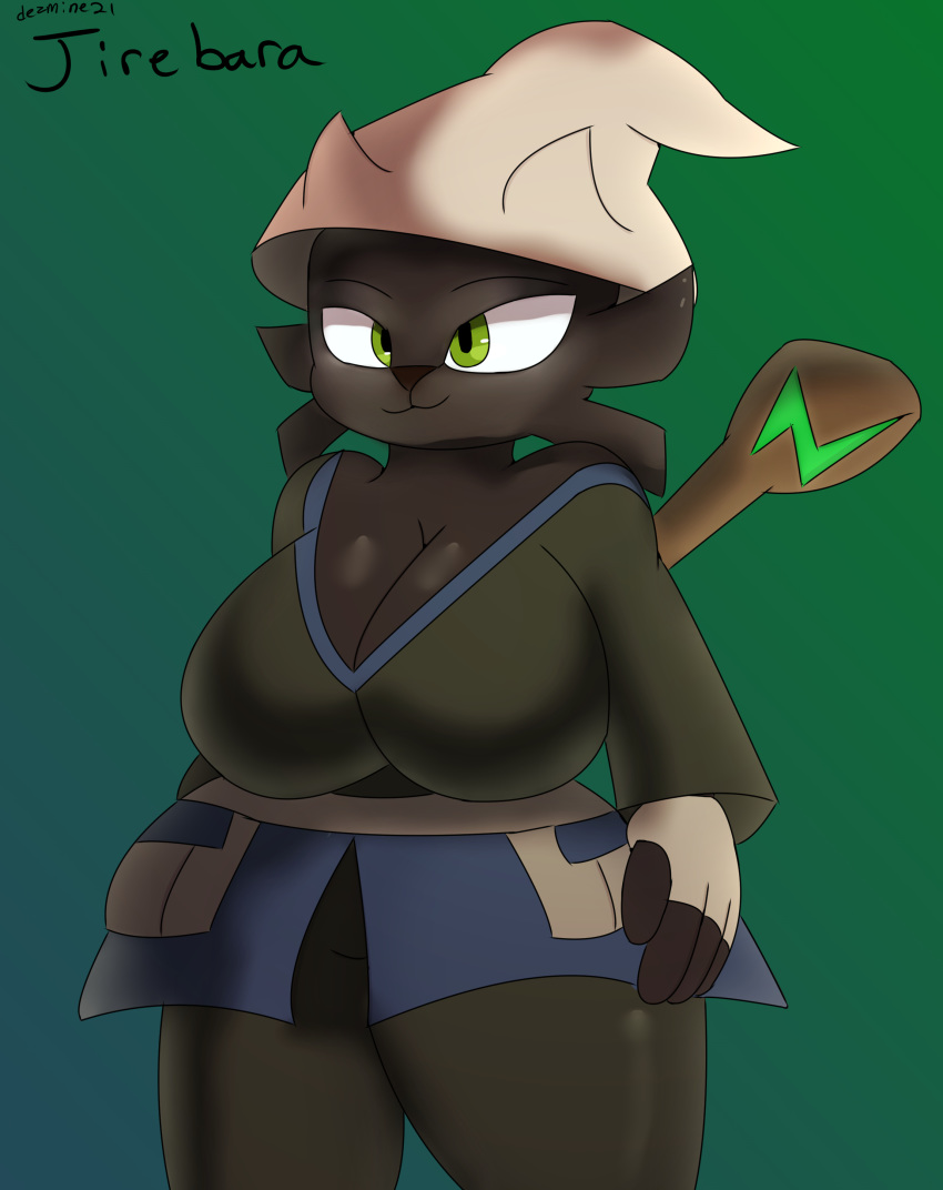 absurd_res anthro big_breasts breasts charr clothed clothing dezmine21 felid feline female guild_wars guildwars2 hat headgear headwear hi_res jirebara_(dezmine21) mammal pouches solo video_games witch_hat