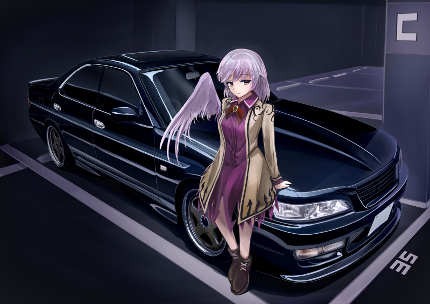 1girl 3books absurdres bangs car commentary eyebrows_visible_through_hair ground_vehicle highres kishin_sagume looking_to_the_side motor_vehicle nissan nissan_laurel purple_eyes single_wing touhou vehicle_focus wings