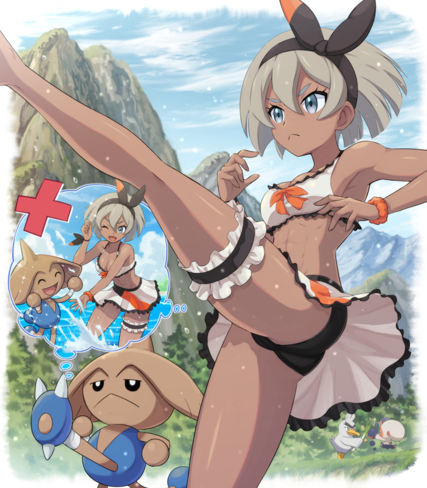 1girl :&lt; abs absurdres alternate_costume bangs black_hairband breasts cleavage clobbopus closed_mouth cloud commentary_request dark_skin day eyelashes gen_2_pokemon gen_8_pokemon grass grey_hair hair_between_eyes hairband happy highres hitmontop leg_garter leg_up mountain one_eye_closed open_mouth orange_scrunchie outdoors pokemoa pokemon pokemon_(creature) pokemon_(game) pokemon_swsh saitou_(pokemon) scrunchie short_hair sirfetch'd skirt sky splashing thought_bubble tongue wading water wrist_scrunchie