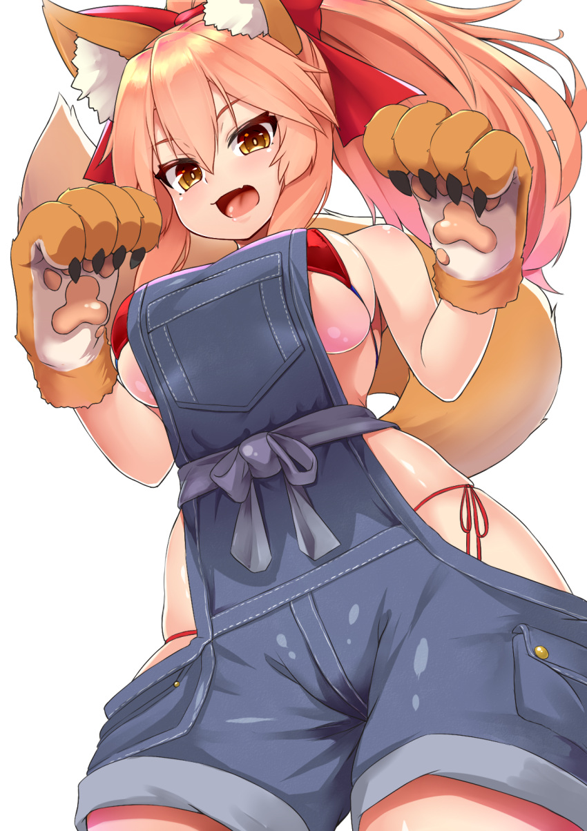 1girl animal_ear_fluff animal_ears blush breasts cat_paws commentary commentary_request denim eyebrows_visible_through_hair fang fate/grand_order fate_(series) fox_ears fox_girl fox_tail gloves hair_ribbon highres jeans large_breasts long_hair looking_at_viewer looking_down open_mouth pants paw_gloves paws pink_hair ponytail red_ribbon ribbon shiron_(e1na1e2lu2ne3ru3) simple_background skin_fang solo tail tamamo_(fate)_(all) tamamo_cat_(fate) underboob white_background yellow_eyes