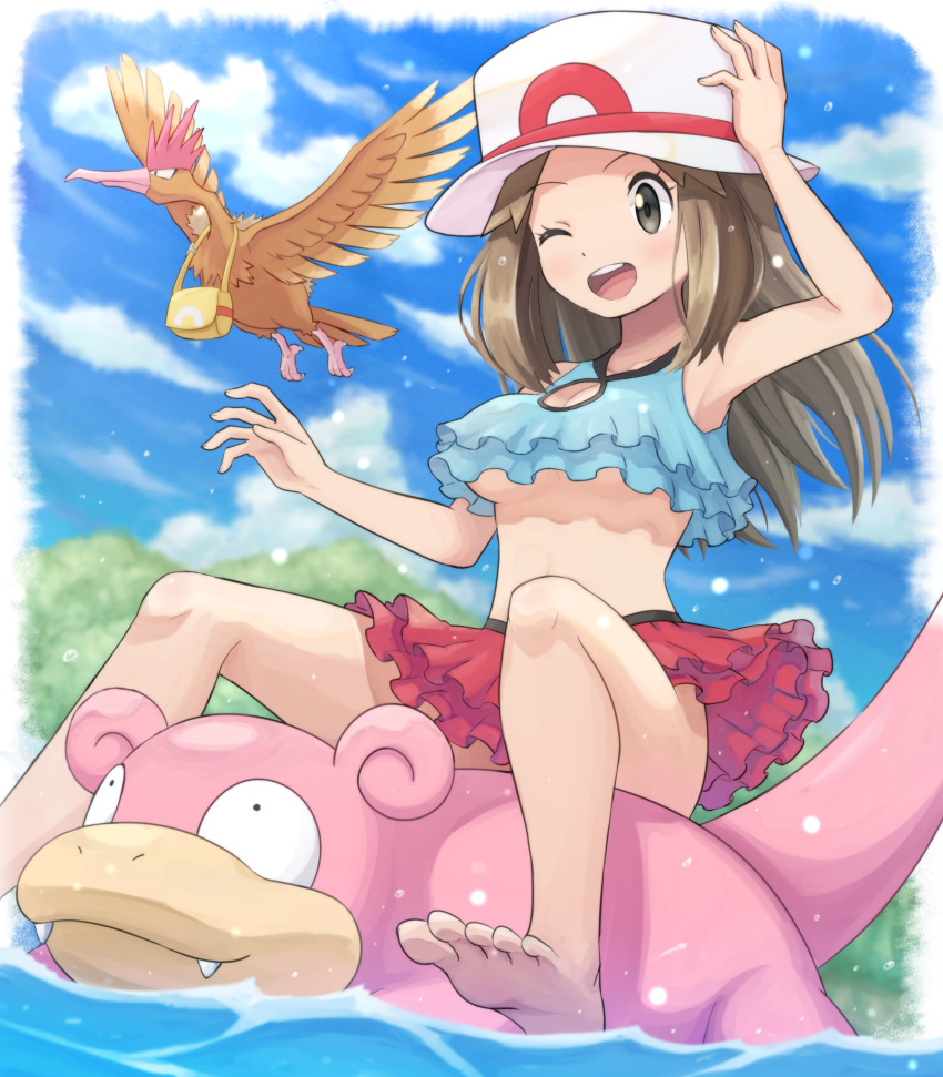 1girl absurdres afloat arm_up armpits barefoot blue_(pokemon) blush brown_hair cloud commentary_request day eyelashes fearow gen_1_pokemon hand_on_headwear hand_up highres long_hair one_eye_closed open_mouth outdoors pokemoa pokemon pokemon_(game) pokemon_frlg red_skirt riding_pokemon sitting skirt sky slowpoke soles teeth toes tongue upper_teeth water white_headwear