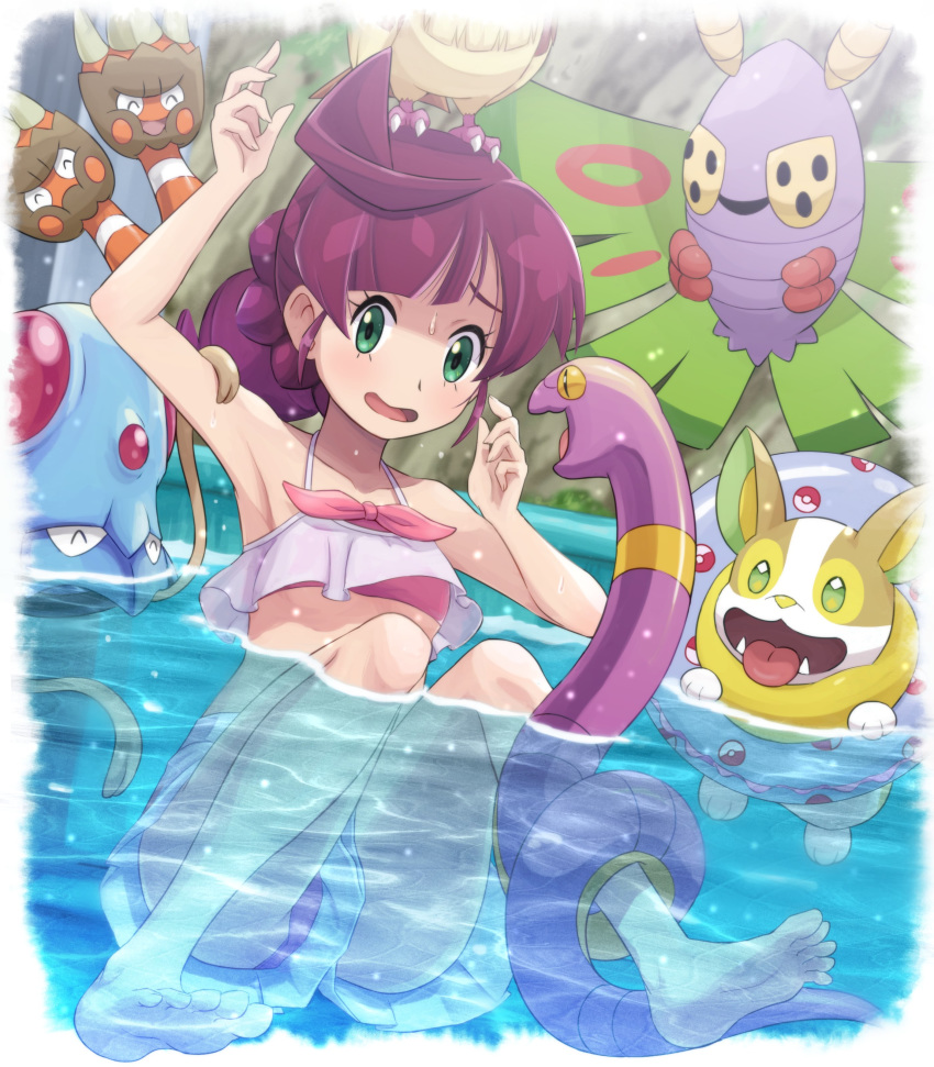 1girl absurdres arm_up armpits bangs barefoot binacle blush commentary_request dustox ekans eyelashes gen_1_pokemon gen_3_pokemon gen_6_pokemon gen_8_pokemon green_eyes hand_up highres innertube long_hair on_head open_mouth outdoors pidgey pink_ribbon pokemoa pokemon pokemon_(anime) pokemon_(creature) pokemon_on_head pokemon_swsh_(anime) red_hair ribbon sakuragi_koharu soles swimsuit tentacool toes tongue water yamper